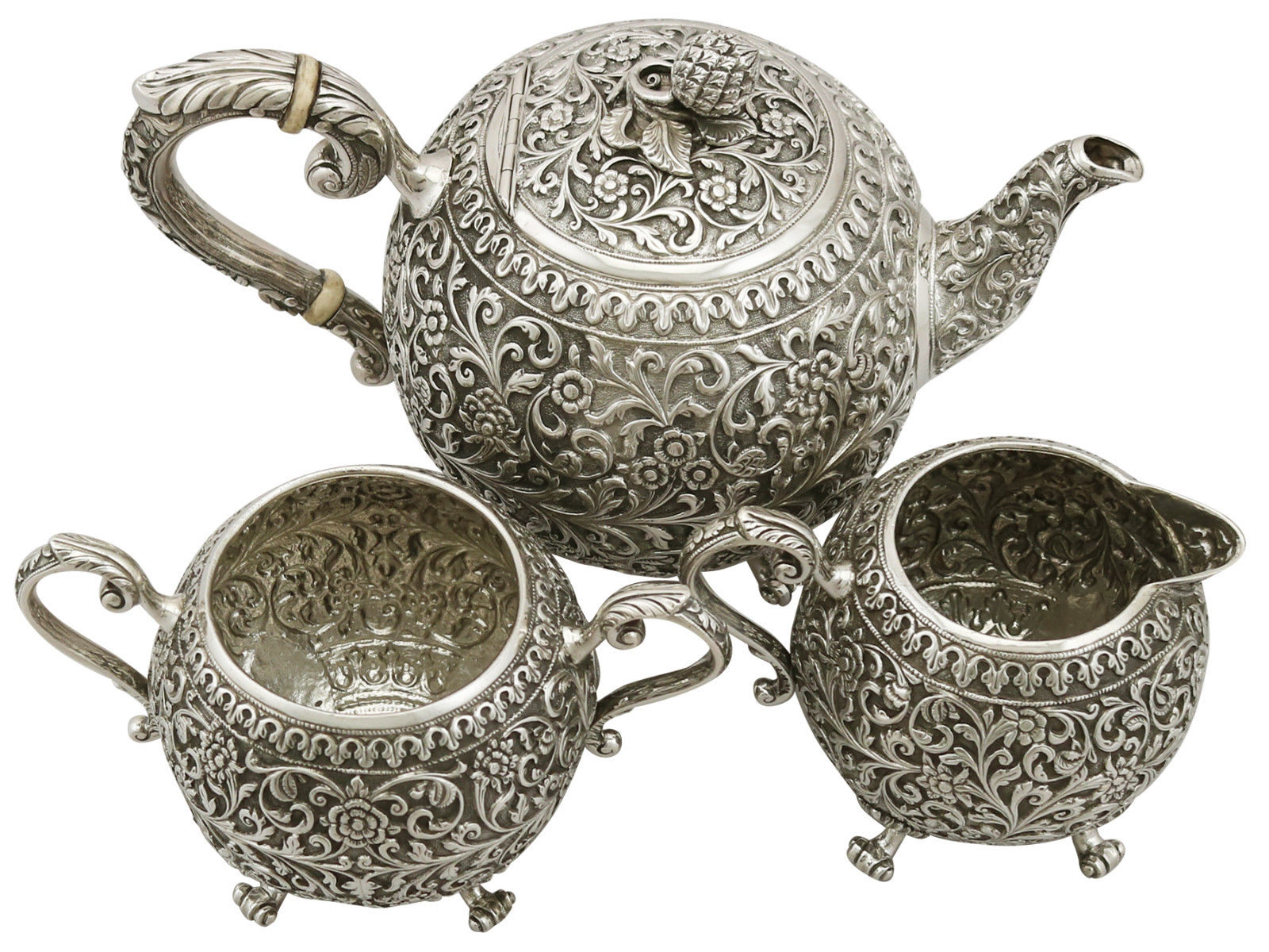 Antique Indian Sterling Silver Three Piece Tea Set 1890s