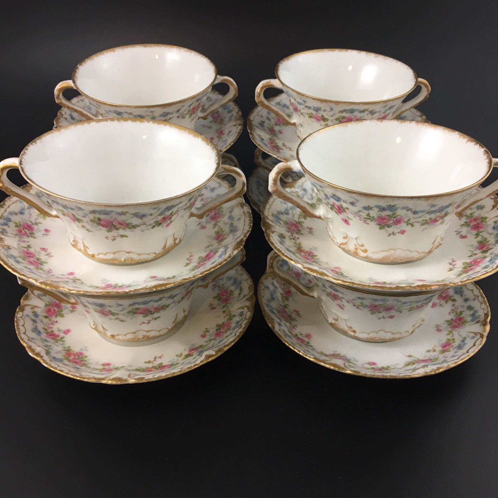 Set Of 8 Haviland Limoges Double Gold Bouillon Cups & Saucers Pink Blue Flowers