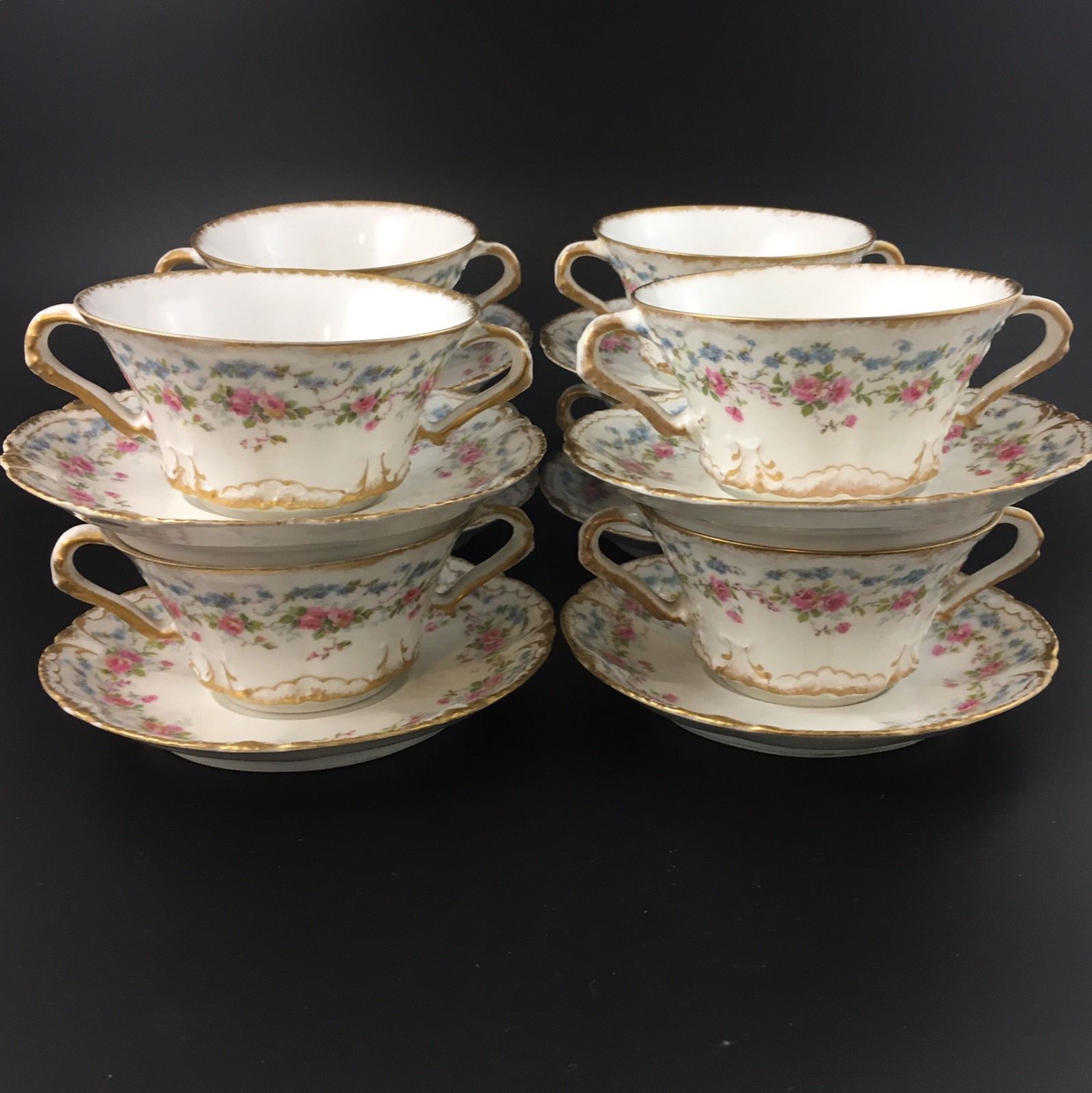 Set Of 8 Haviland Limoges Double Gold Bouillon Cups & Saucers Pink Blue Flowers