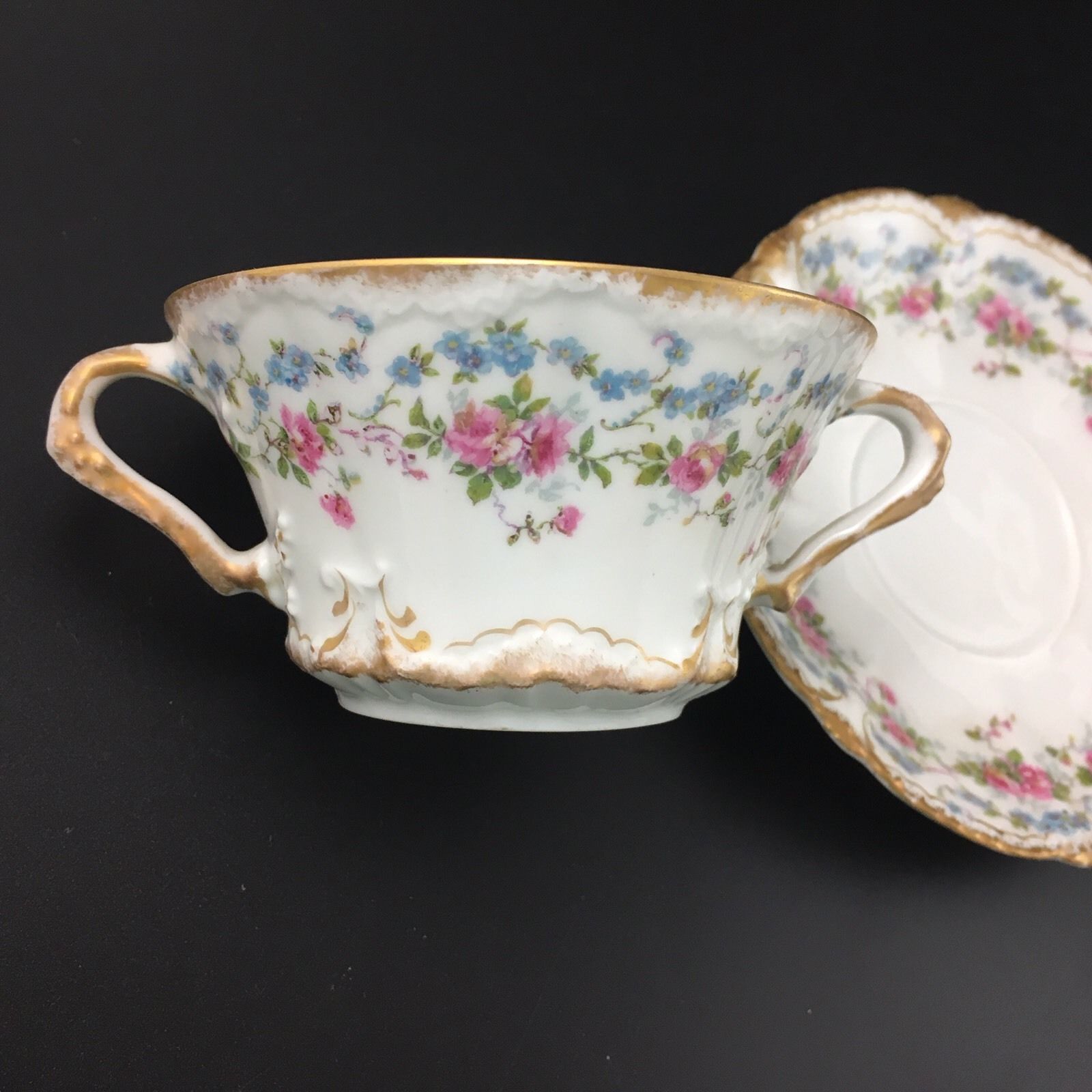 Set Of 8 Haviland Limoges Double Gold Bouillon Cups & Saucers Pink Blue Flowers