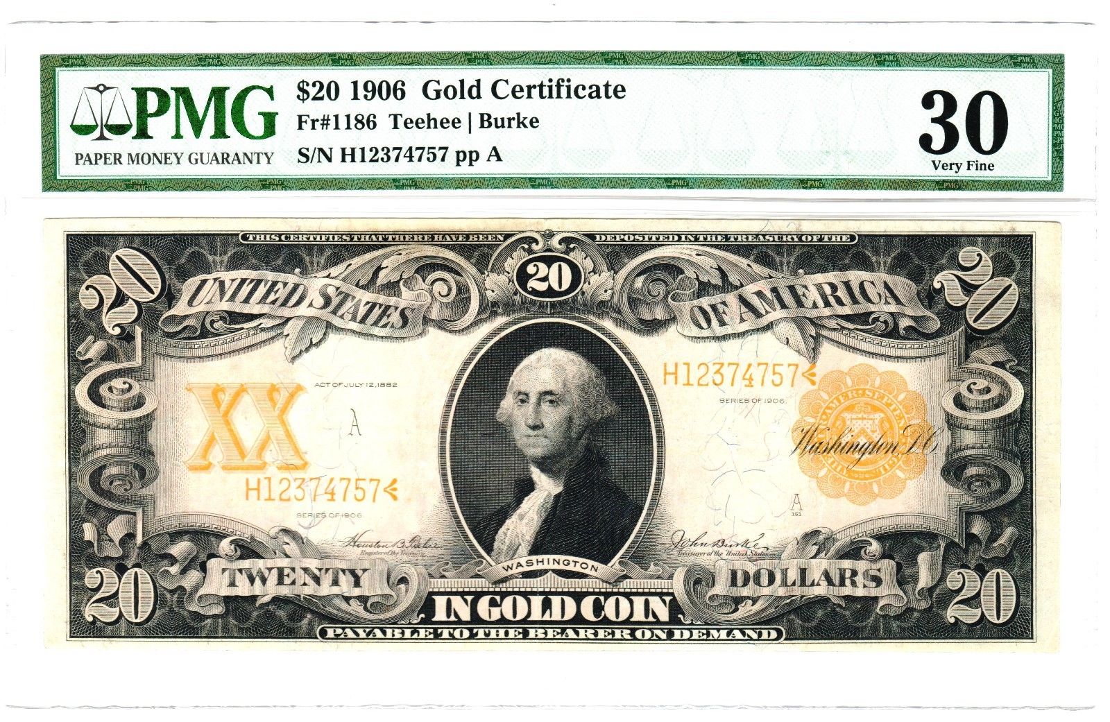 1906 $20 Gold Certificate, Fr. 1186, Very Fine (VF-30) Condition (PMG)