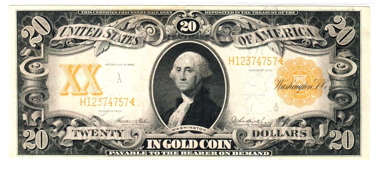 1906 $20 Gold Certificate, Fr. 1186, Very Fine (VF-30) Condition (PMG)