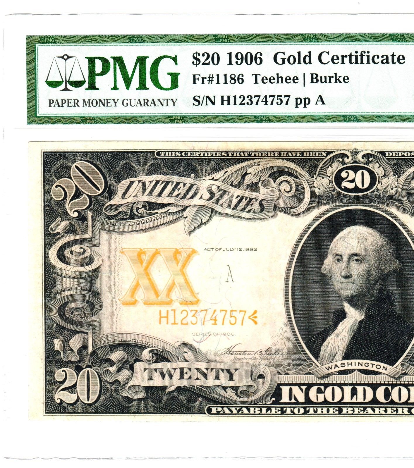 1906 $20 Gold Certificate, Fr. 1186, Very Fine (VF-30) Condition (PMG)