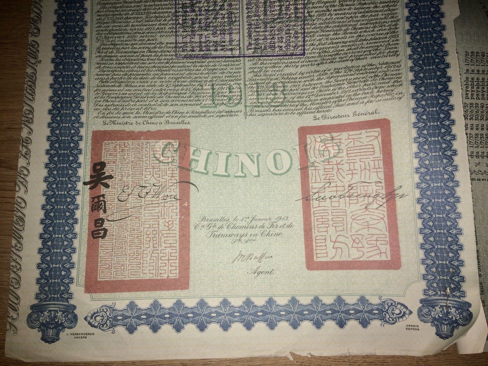 £20 Chinese Lung Tsing U Hai Railway Gold Loan 1913 Super Petchili bond