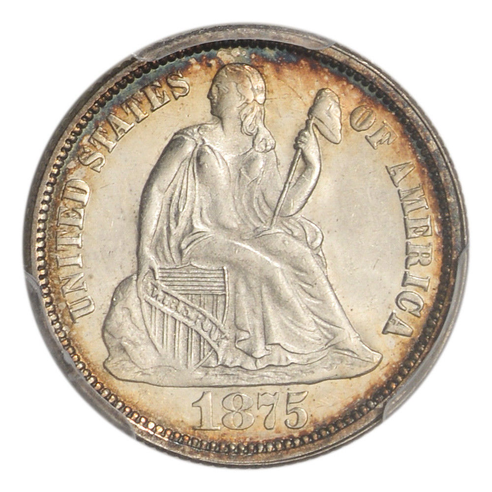 1875 US Seated Liberty Silver Dime 10C - PCGS MS64+