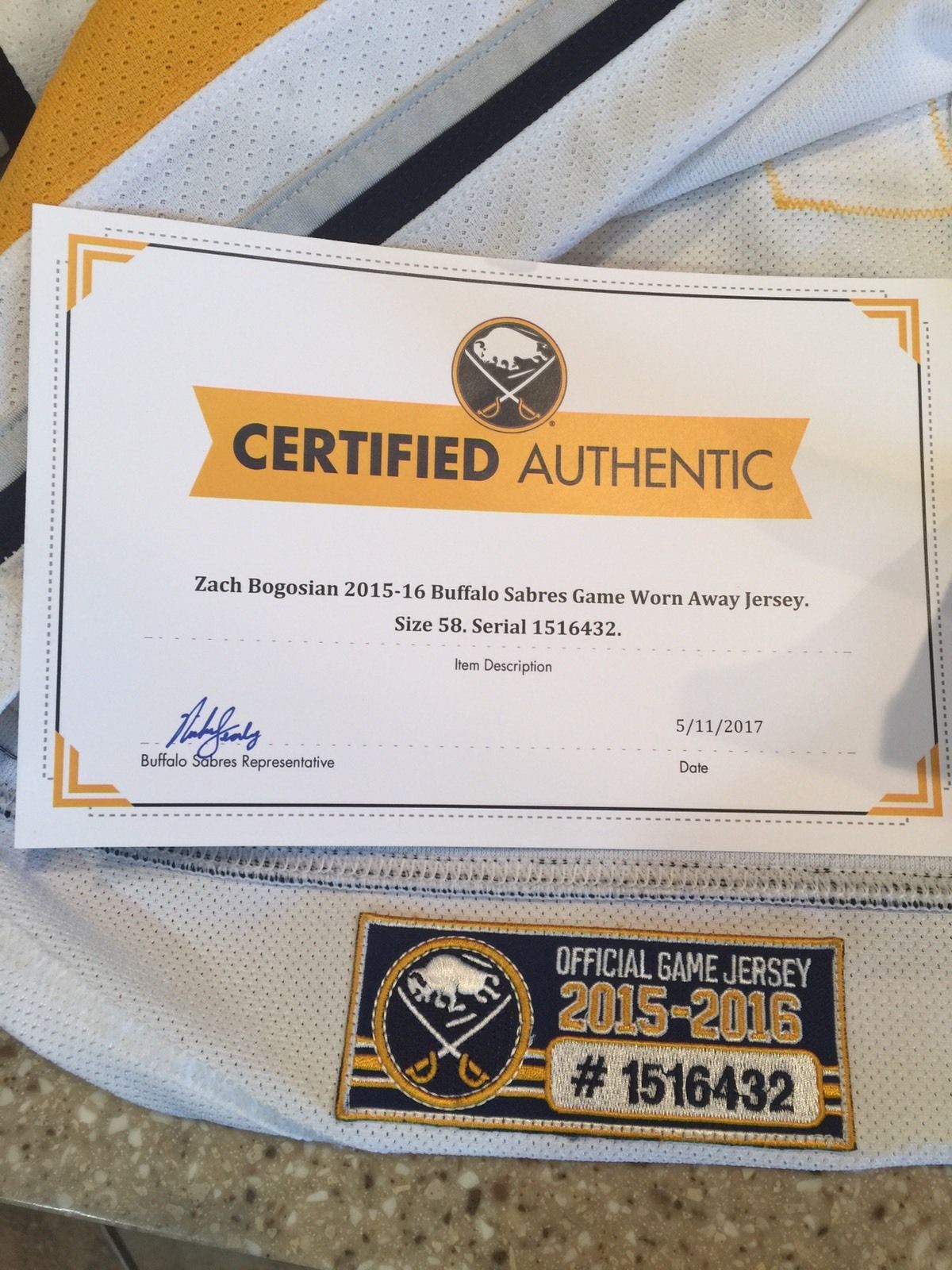 Zach Bogosian Game Worn Used 2015/16 Buffalo Sabres Jersey / Team COA & Tagging