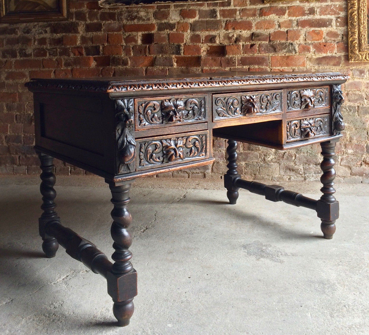 Stunning Antique Green Man Kneehole Desk Solid Oak Victorian19th Century & Chair