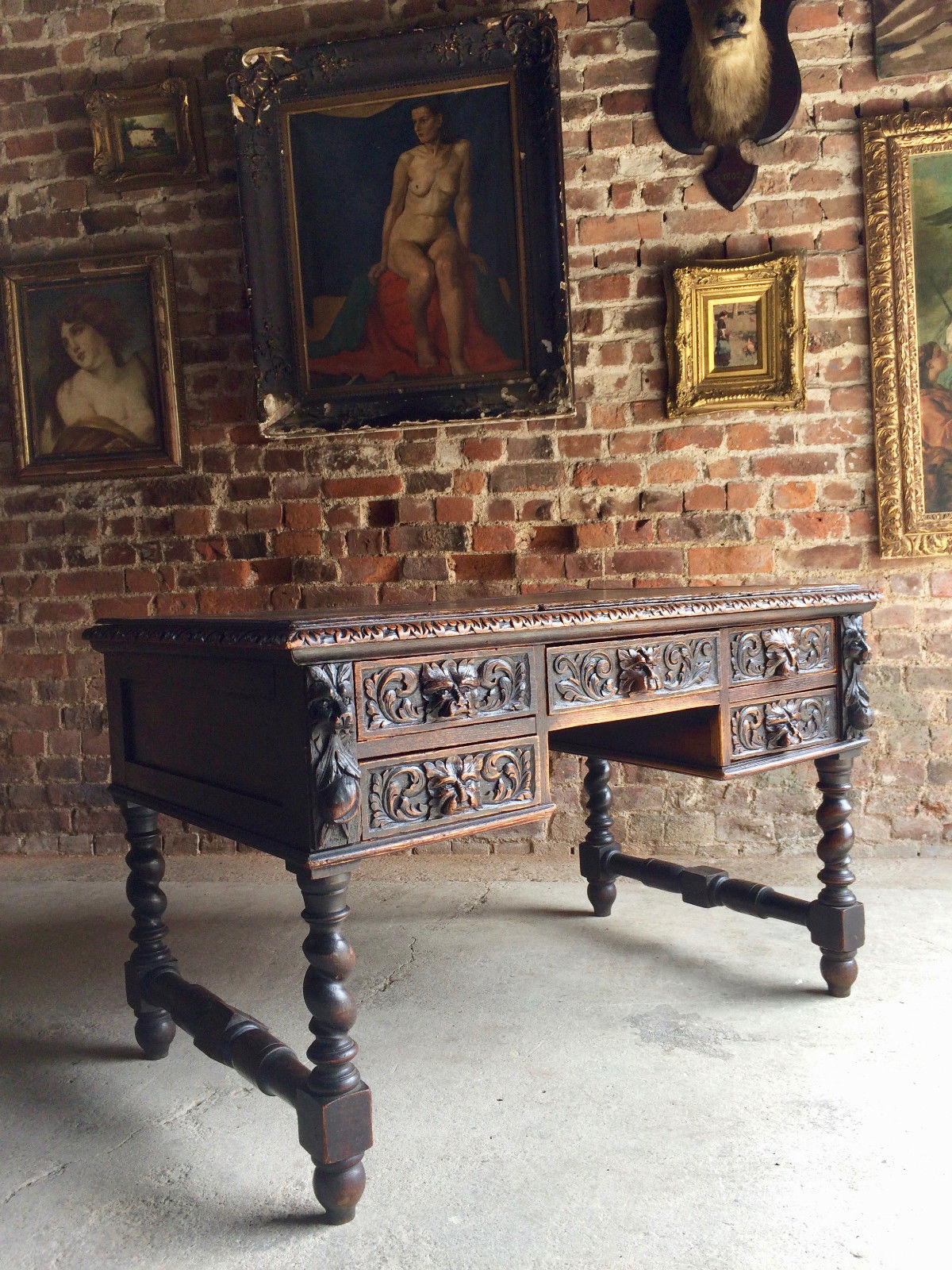 Stunning Antique Green Man Kneehole Desk Solid Oak Victorian19th Century & Chair