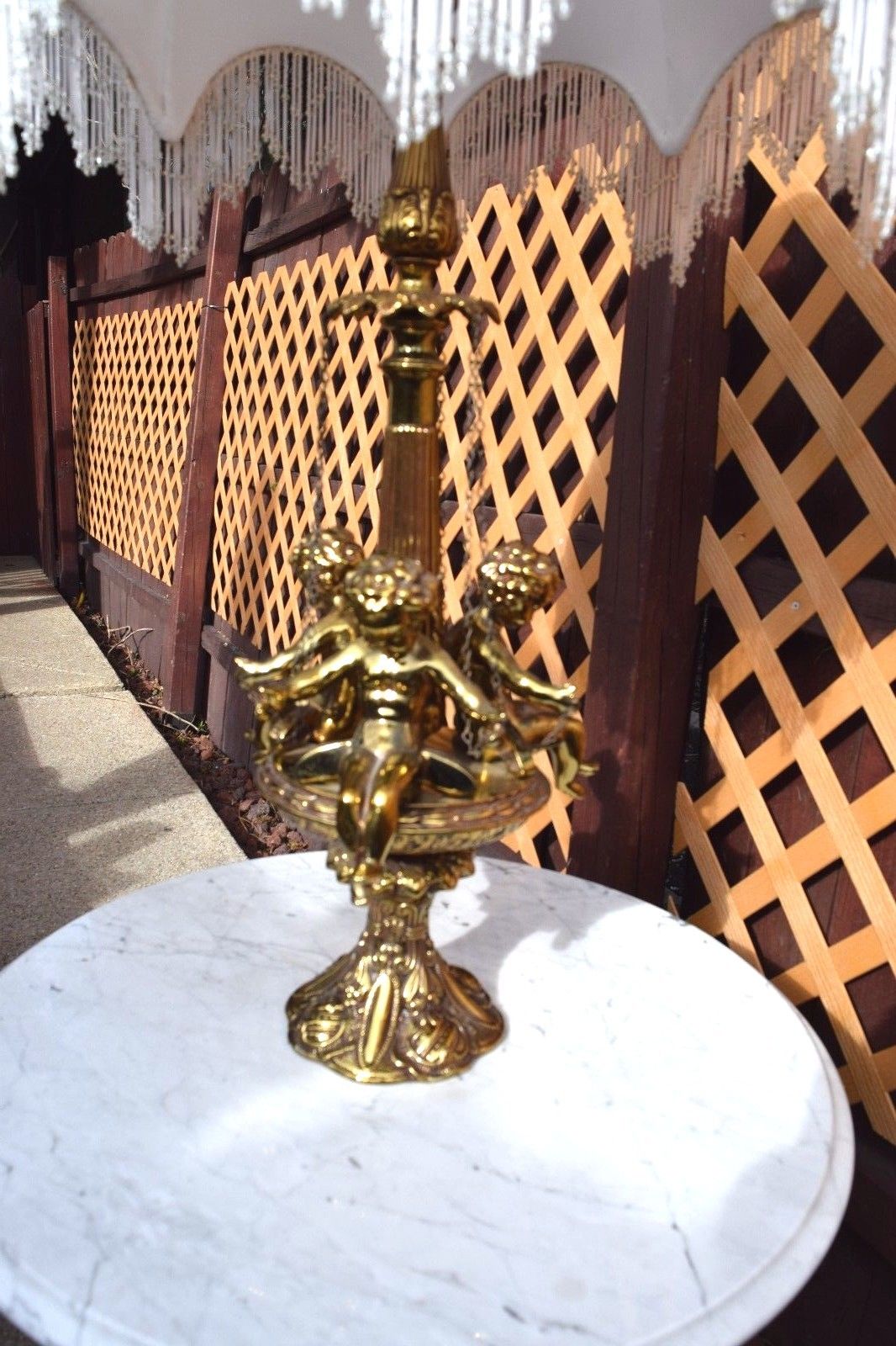 Vintage Stunning Hollywood Regency Cherub Floor Brass Lamp w/ Marble Table