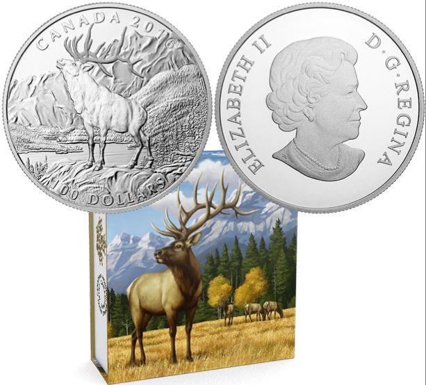 $100 2016 THE ELK 1OZ Pure Silver Proof Coin Canada.