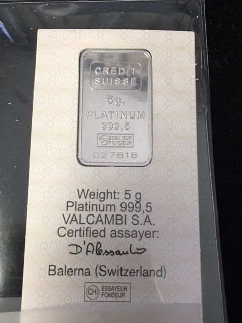 Credit Suisse 5gr Platinum Bar with Assay Card