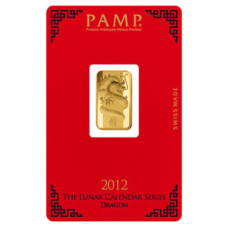 PAMP SUISSE 5 GRAM LUNAR SERIES YEAR OF THE DRAGON GOLD BAR 999.9 FINE IN ASSAY