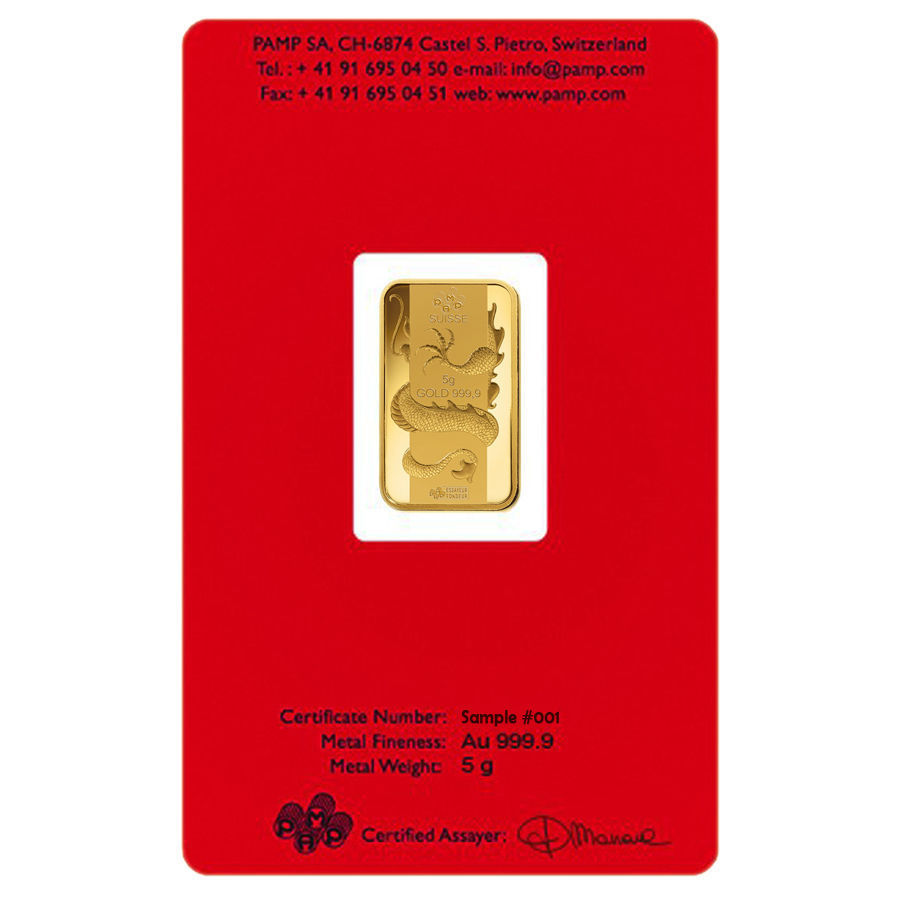 PAMP SUISSE 5 GRAM LUNAR SERIES YEAR OF THE DRAGON GOLD BAR 999.9 FINE IN ASSAY