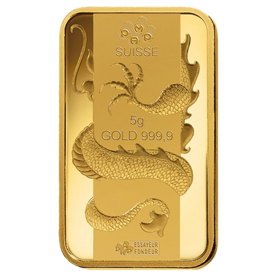 PAMP SUISSE 5 GRAM LUNAR SERIES YEAR OF THE DRAGON GOLD BAR 999.9 FINE IN ASSAY