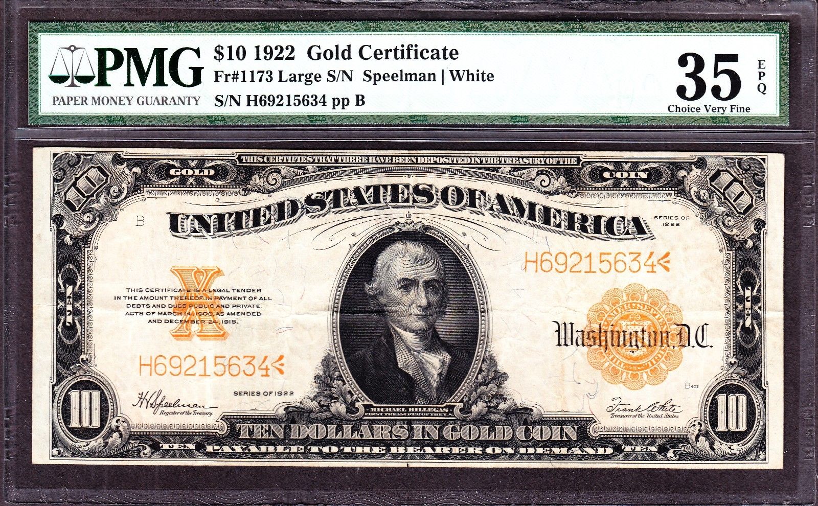 US 1922 $10 Gold Certificate FR 1173 PMG 35EPQ Ch-VF (-515)