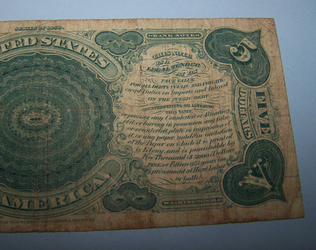 1880 Five Dollars LARGE SIZE "Woodchopper" UNITED NOTE Note  Fine condition