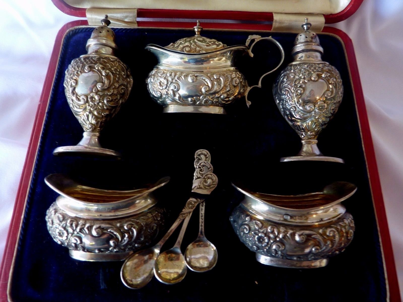 Antique English Sterling Silver Salt Set 8 Cellars Spoons Box John Gilbert & Co