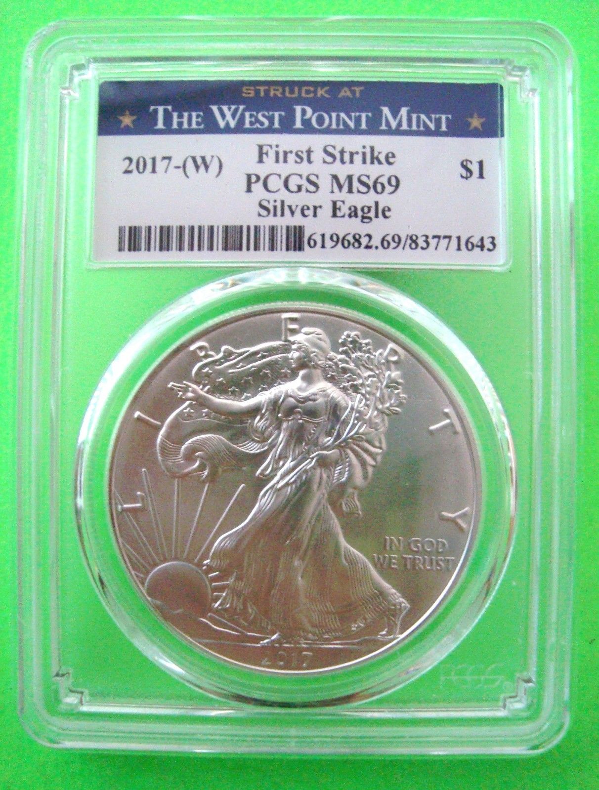 2017 (W) AMERICAN SILVER EAGLE PCGS MS69 WEST POINT FIRST STRIKE 1oz Coin