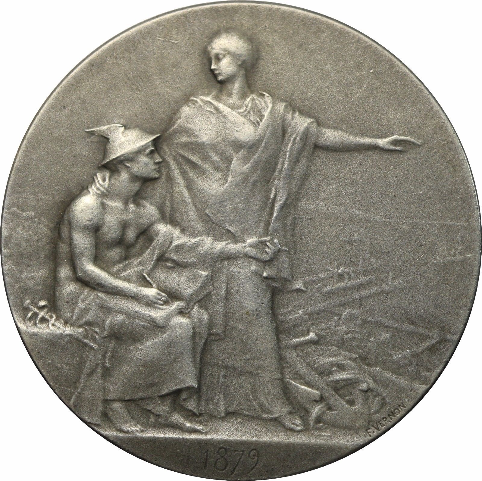 France – 1879 Art Nouveau Silver Medal by Vernon, Train, Railroad