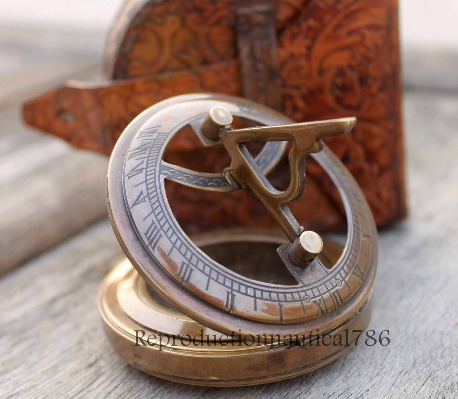 Antique Brass Compass Nautical Push Button Sundial Working Compass Leather Case