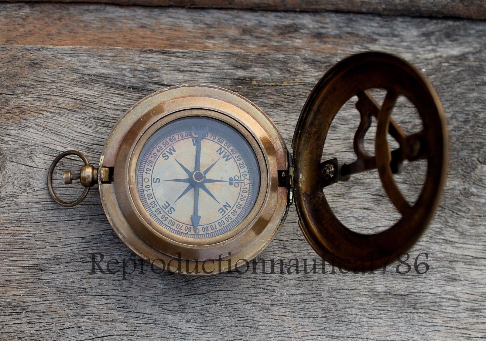 Antique Brass Compass Nautical Push Button Sundial Working Compass Leather Case