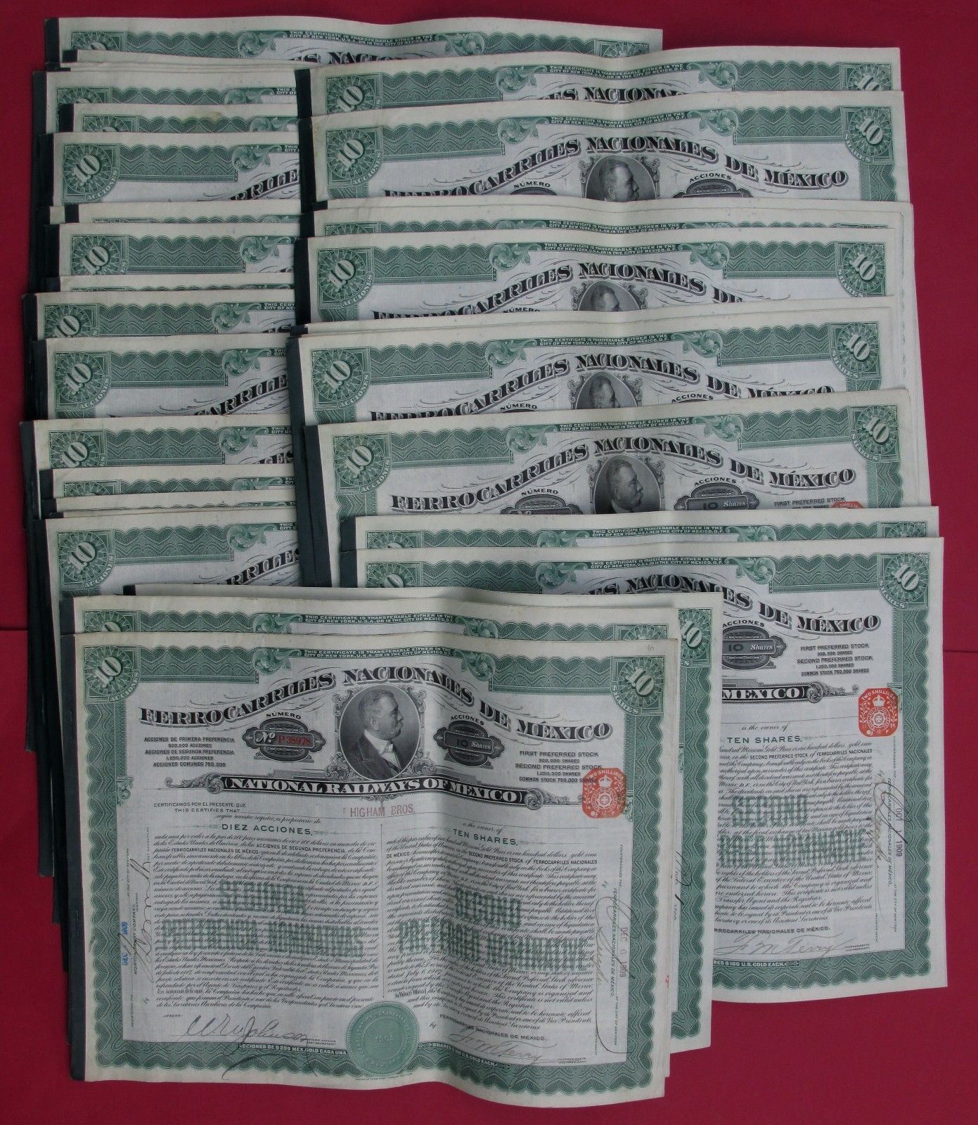 1909 National Railways of Mexico - 2nd Preferred Stock "TEN Shares"  X 33