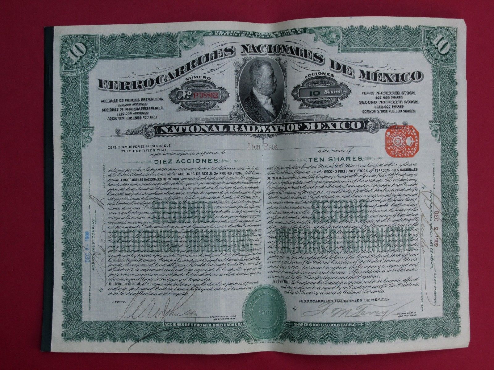 1909 National Railways of Mexico - 2nd Preferred Stock "TEN Shares"  X 33