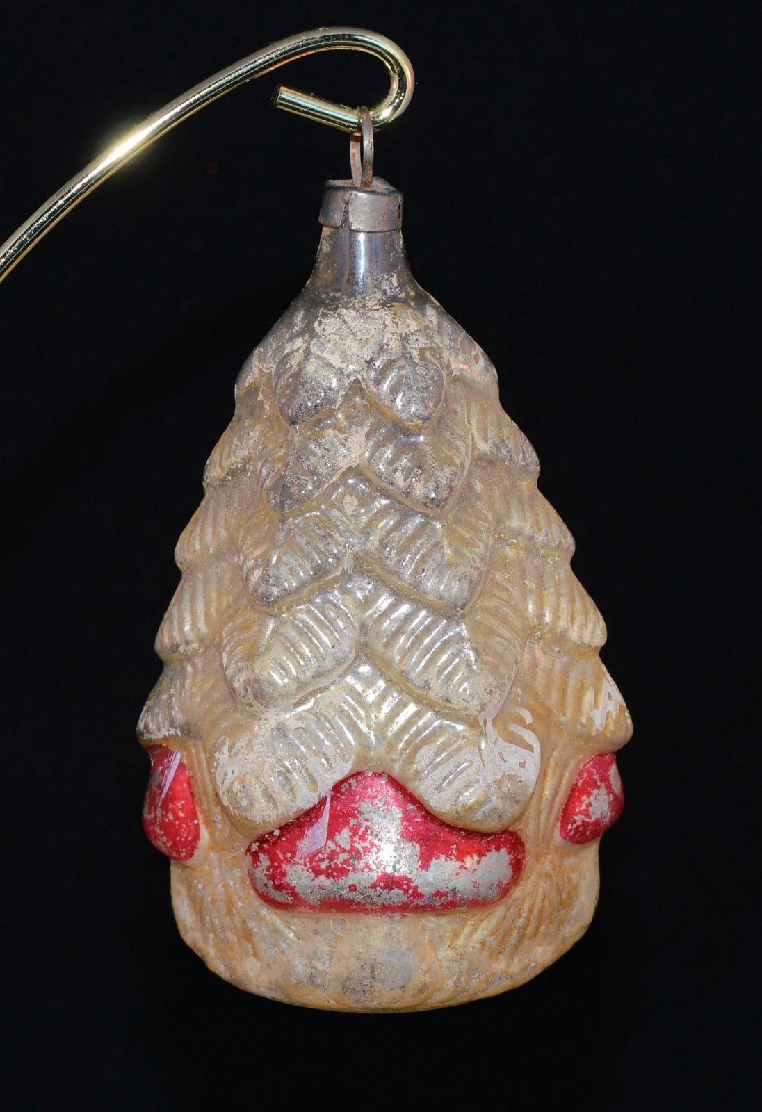 ANTIQUE SANTA FACE UNDER PINE TREE MUSHROOMS GERMAN GLASS CHRISTMAS ORNAMENT