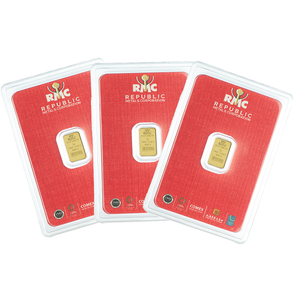 Lot of 3 - 1 Gram RMC Republic Metals .9999 Fine Gold Bar in Assay