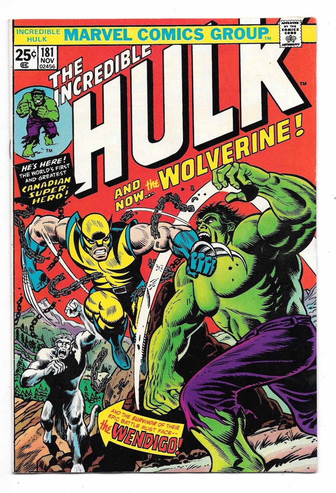 HULK 181, VF/NM (9.0), 1974 MARVEL,1ST FULL APPEARANCE OF WOLVERINE,STAMP INTACT