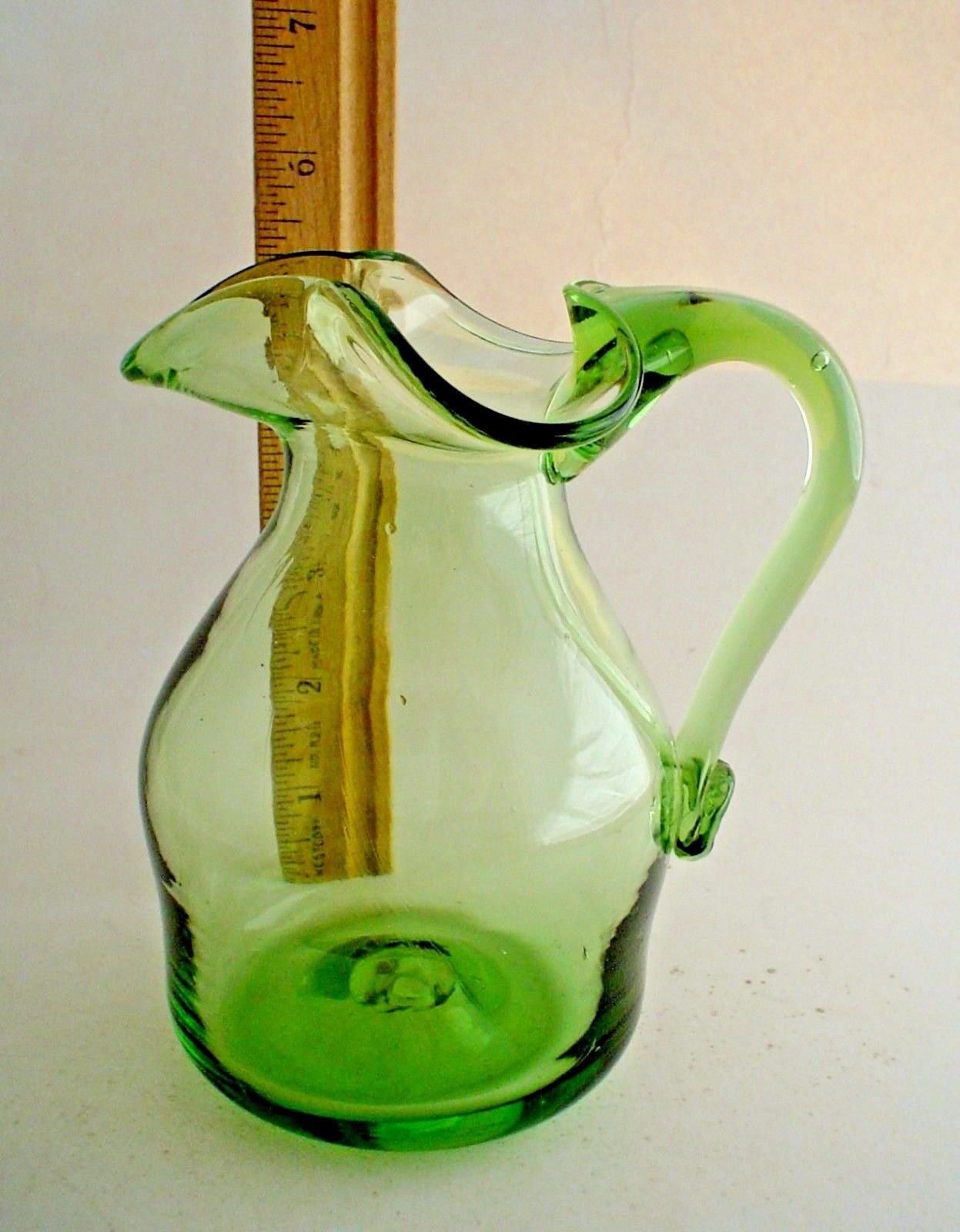 Lovely vintage Art Glass Green Mini Pitcher Hand Blown