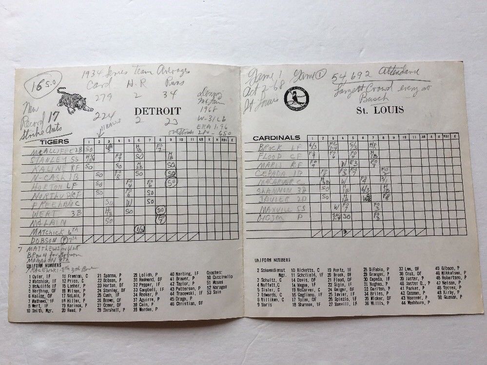 ORIGINAL 1968 WORLD SERIES SCORECARD ST. LOUIS CARDINALS VS. DETROIT TIGERS