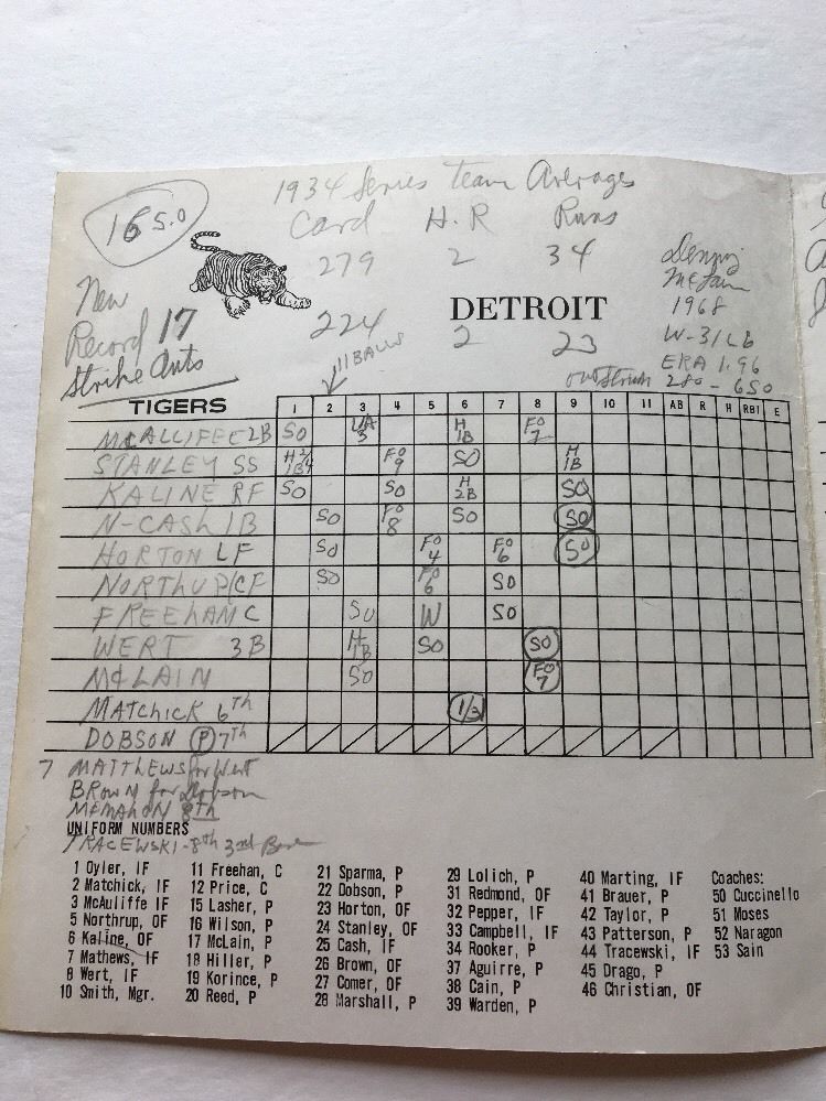 ORIGINAL 1968 WORLD SERIES SCORECARD ST. LOUIS CARDINALS VS. DETROIT TIGERS