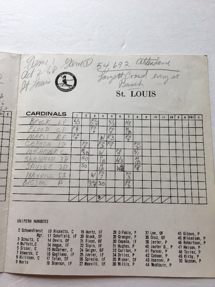 ORIGINAL 1968 WORLD SERIES SCORECARD ST. LOUIS CARDINALS VS. DETROIT TIGERS