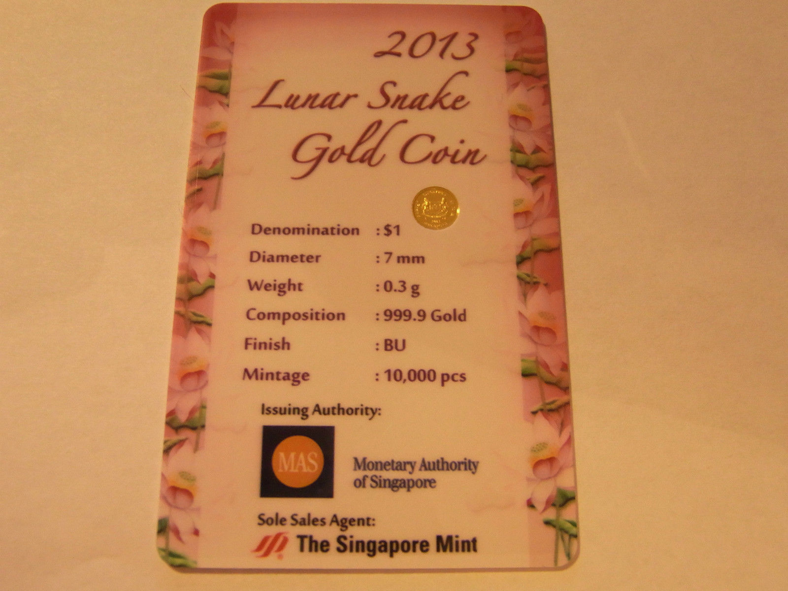 Singapore 2013 1$ Year of the Snake Lunar Proof Gold Coin