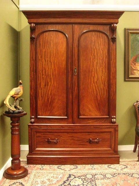 FINE GRAINED ANTIQUE MAHOGANY 2 DOOR 6 DRAWER WARDROBE STORAGE CABINET   c1880s