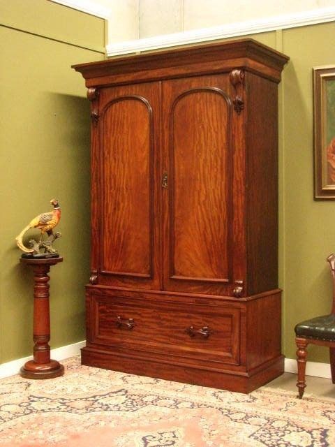 FINE GRAINED ANTIQUE MAHOGANY 2 DOOR 6 DRAWER WARDROBE STORAGE CABINET   c1880s