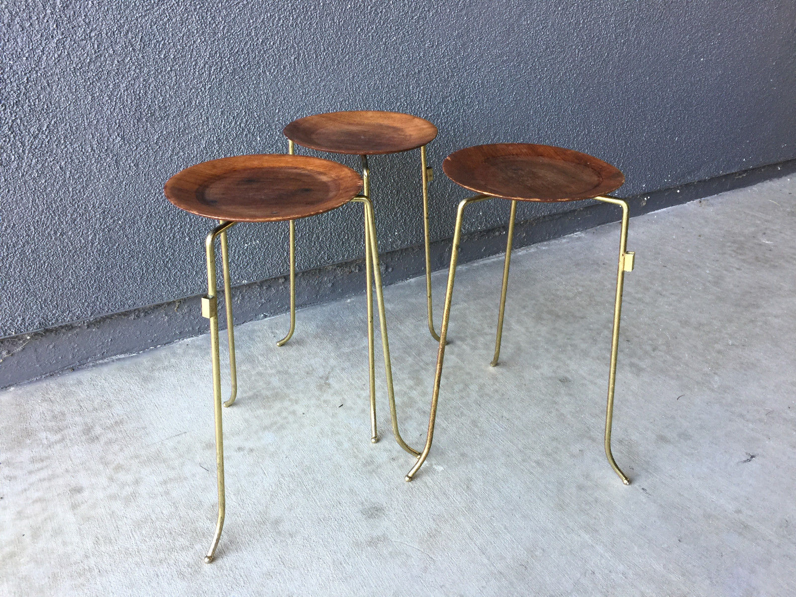 3 TONY PAUL WALNUT BRASS SIDE TABLE VINTAGE STOOL SIDE TABLE MID CENTURY MODERN