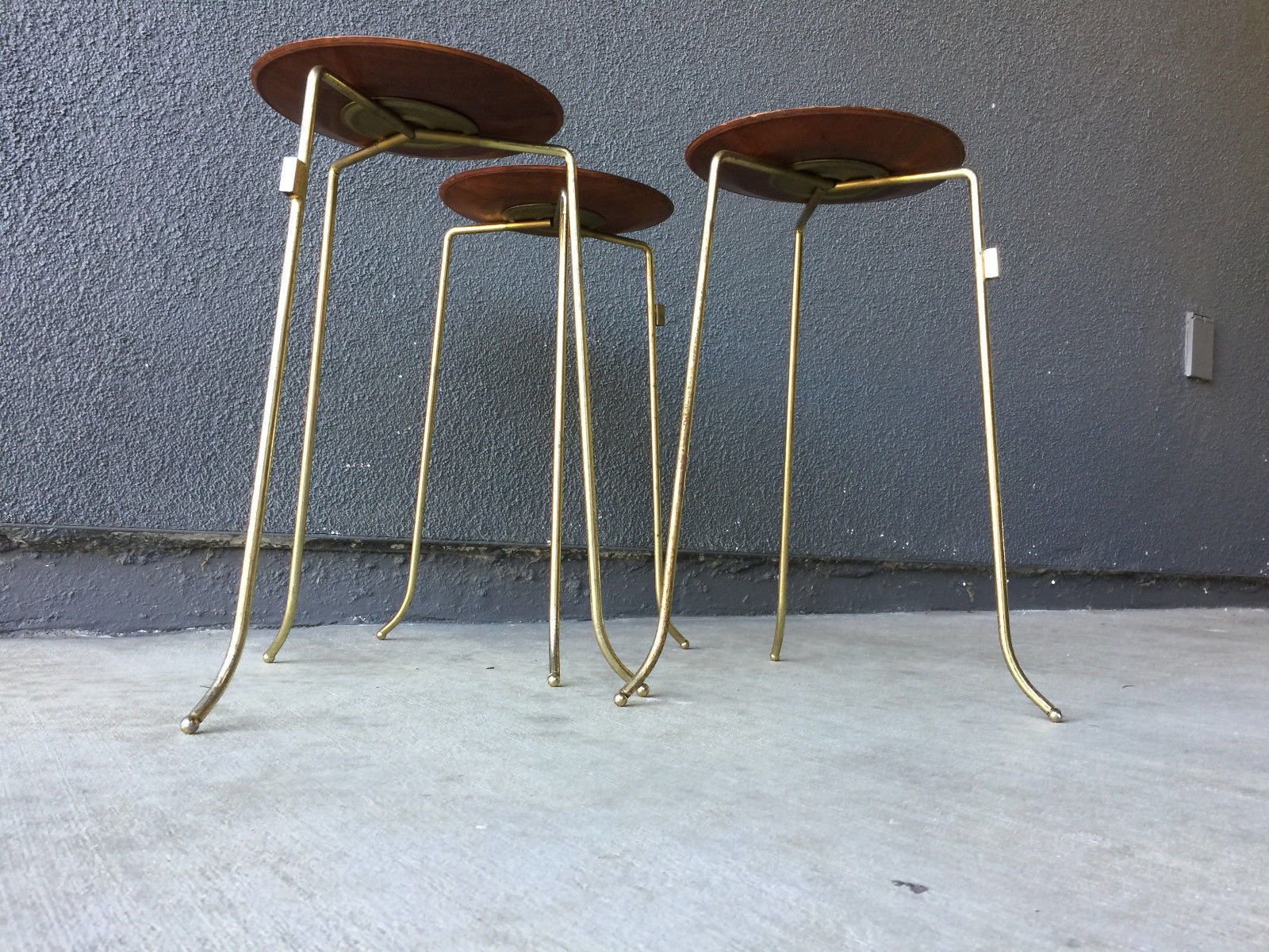 3 TONY PAUL WALNUT BRASS SIDE TABLE VINTAGE STOOL SIDE TABLE MID CENTURY MODERN