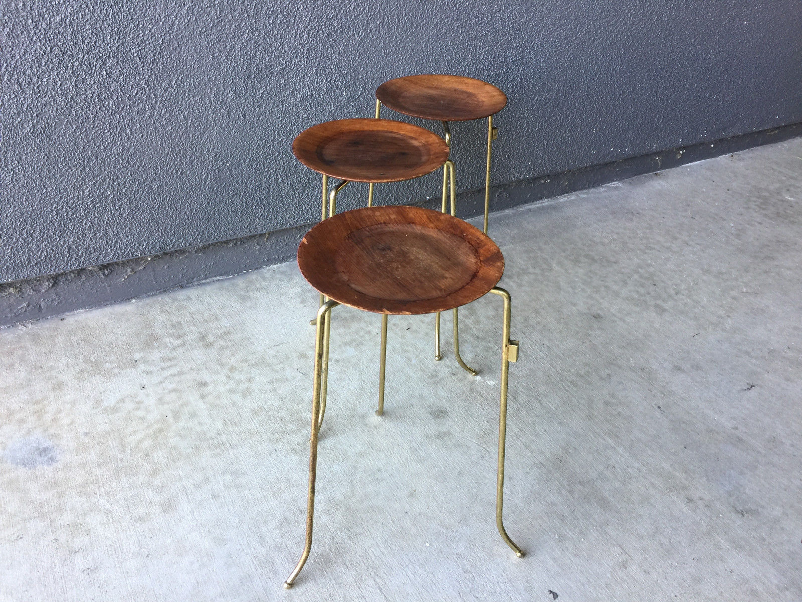 3 TONY PAUL WALNUT BRASS SIDE TABLE VINTAGE STOOL SIDE TABLE MID CENTURY MODERN