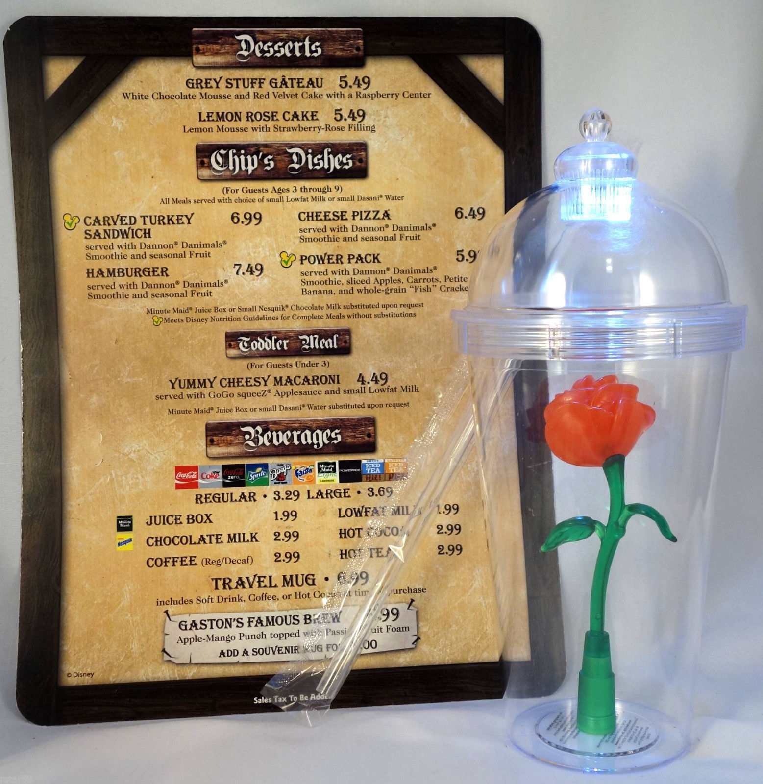 Disneyland Beauty And The Beast Enchanted Light Up Rose Tumbler Cup, Tavern Menu