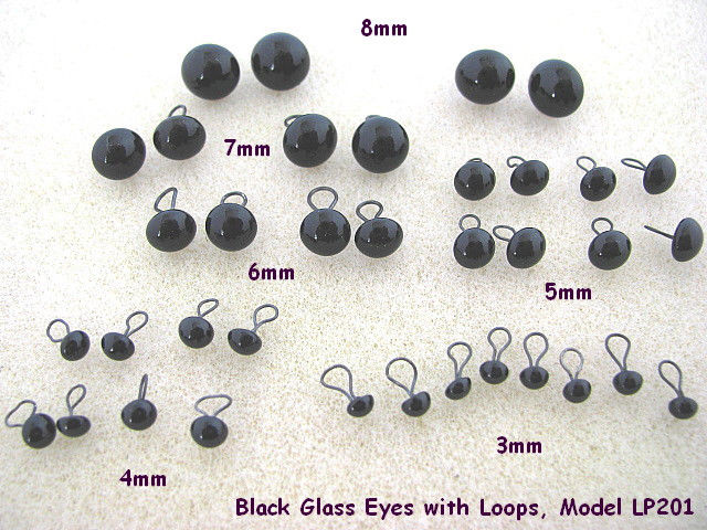 18 PAIR Black Glass EYES with Wire Loops Assorted Sizes 3mm to 8mm (LP-201)