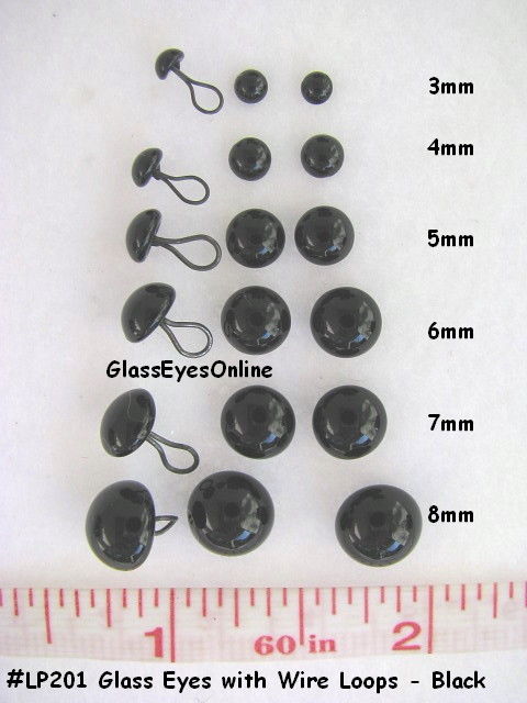 18 PAIR Black Glass EYES with Wire Loops Assorted Sizes 3mm to 8mm (LP-201)