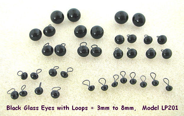 18 PAIR Black Glass EYES with Wire Loops Assorted Sizes 3mm to 8mm (LP-201)