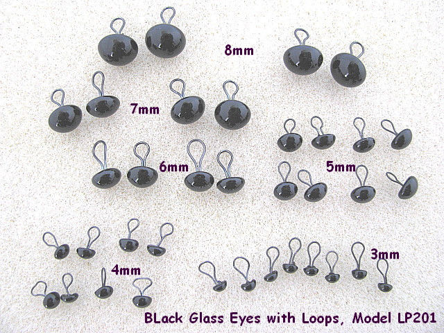 18 PAIR Black Glass EYES with Wire Loops Assorted Sizes 3mm to 8mm (LP-201)