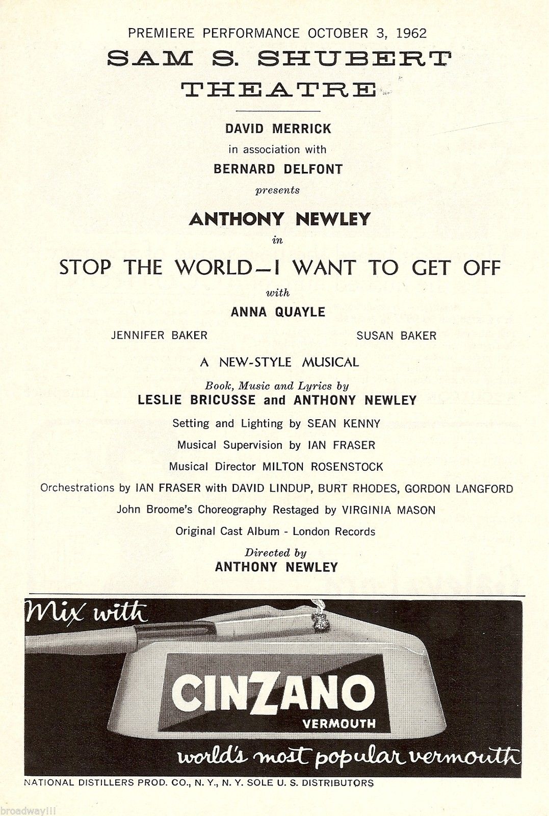 Anthony Newley "STOP THE WORLD" Leslie Bricusse 1962 Broadway Premiere Playbill