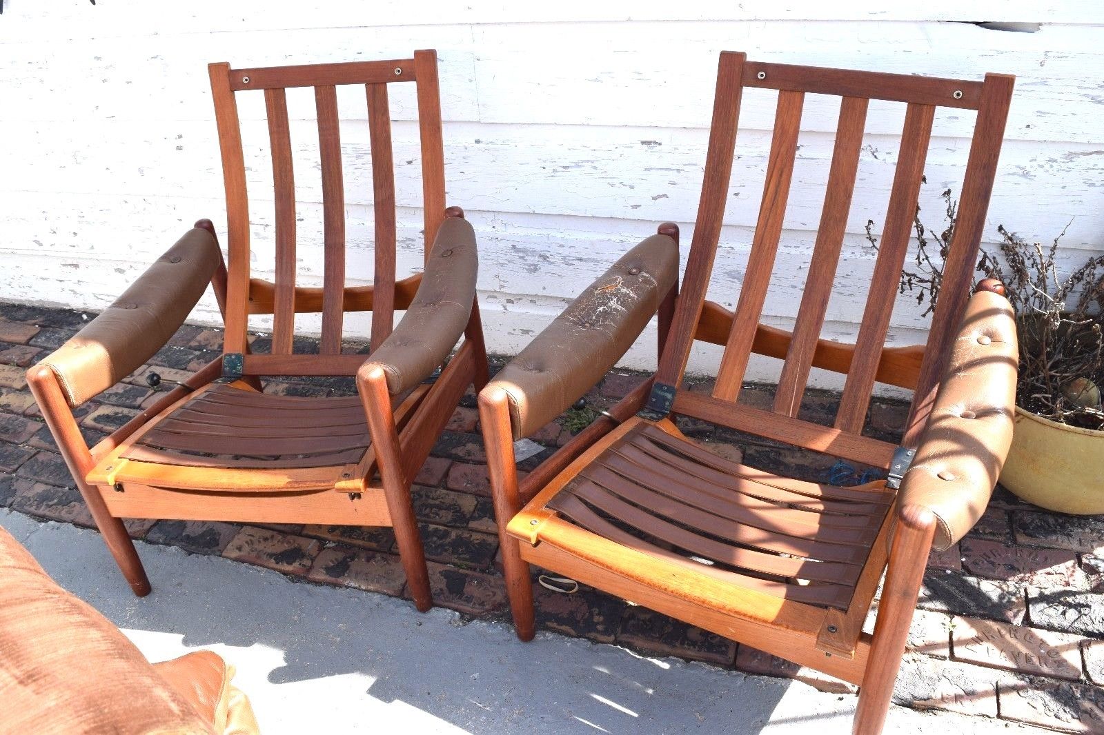 Pair of Mid Century Modern Safari Lied Mobler Recliner W/ Matching Ottoman