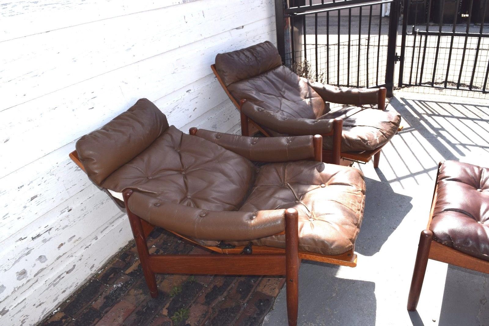 Pair of Mid Century Modern Safari Lied Mobler Recliner W/ Matching Ottoman