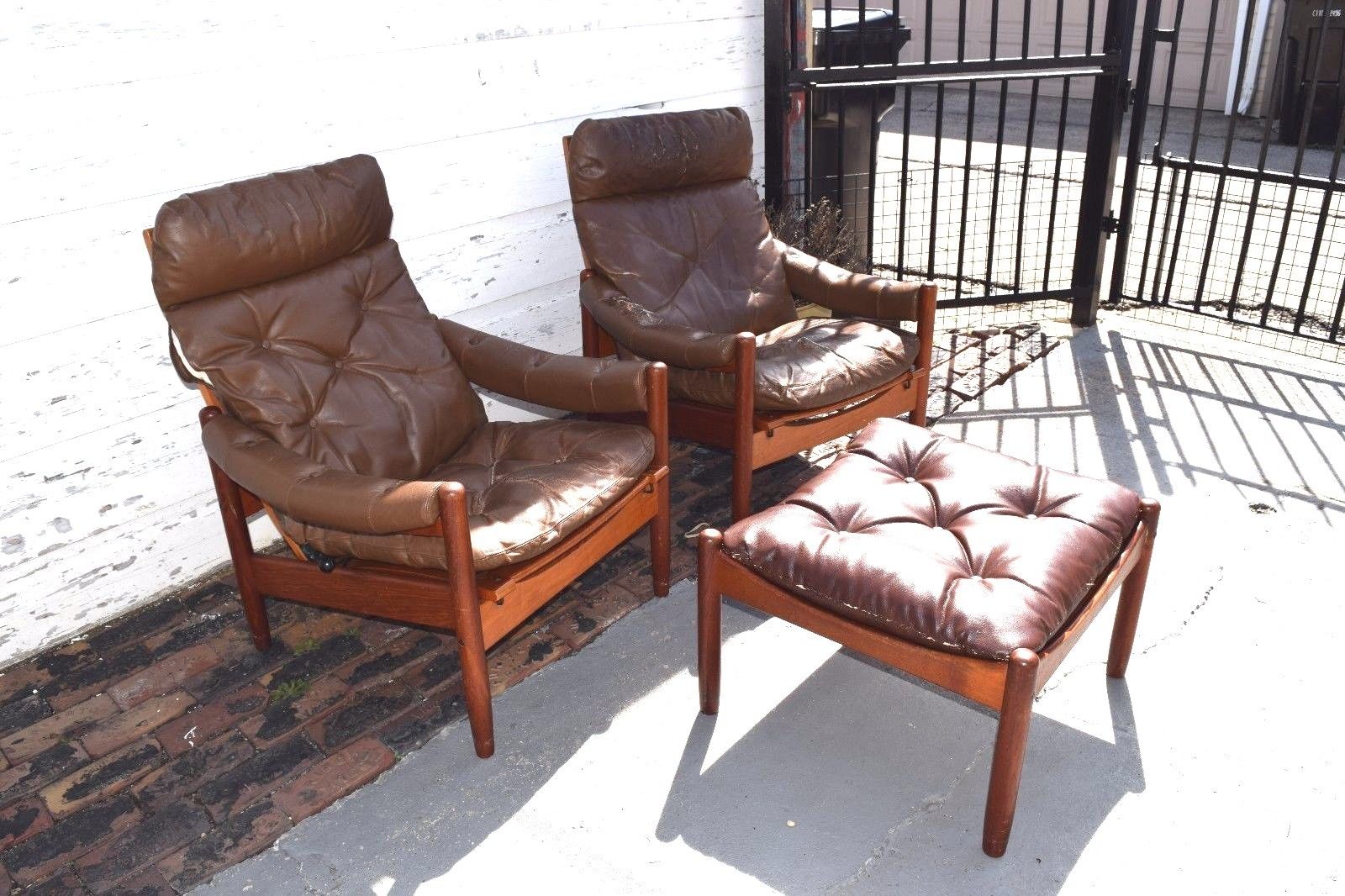 Pair of Mid Century Modern Safari Lied Mobler Recliner W/ Matching Ottoman