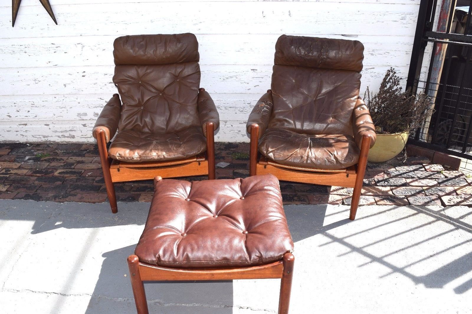 Pair of Mid Century Modern Safari Lied Mobler Recliner W/ Matching Ottoman